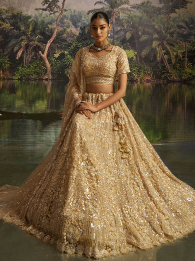 Marvelous Cream Zarkan Work Wedding Wear Lehenga Choli With Dupatta